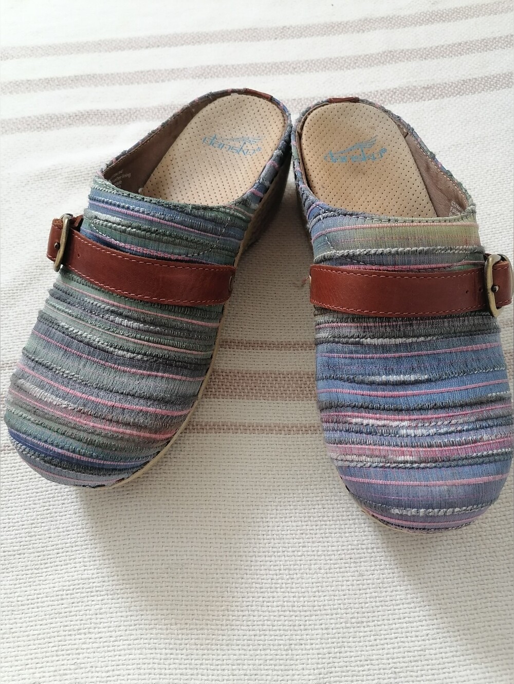 Dansko jute slip on Clogs stripes and buckle